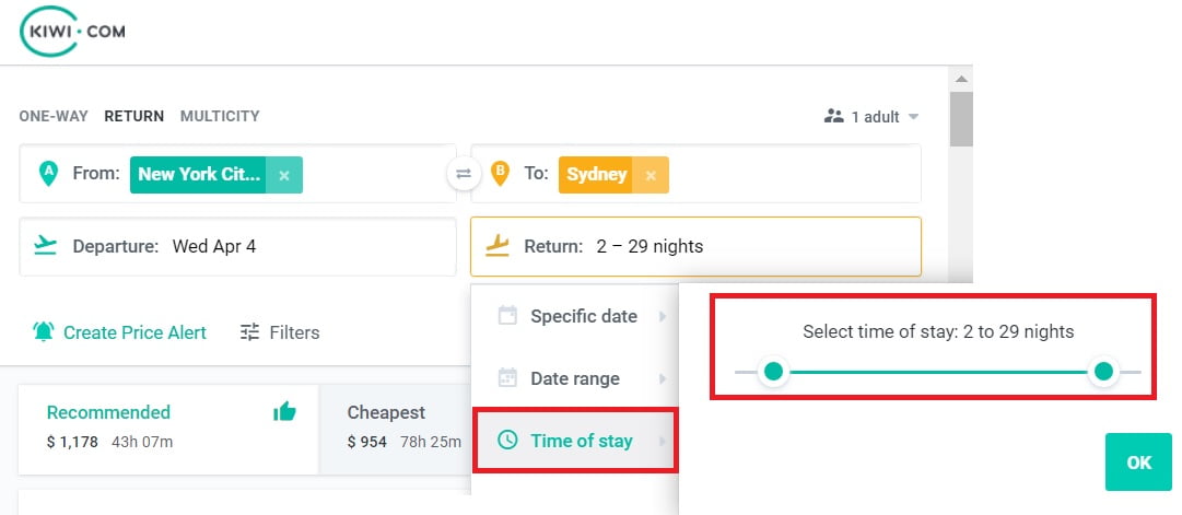 Kiwi.com time of stay