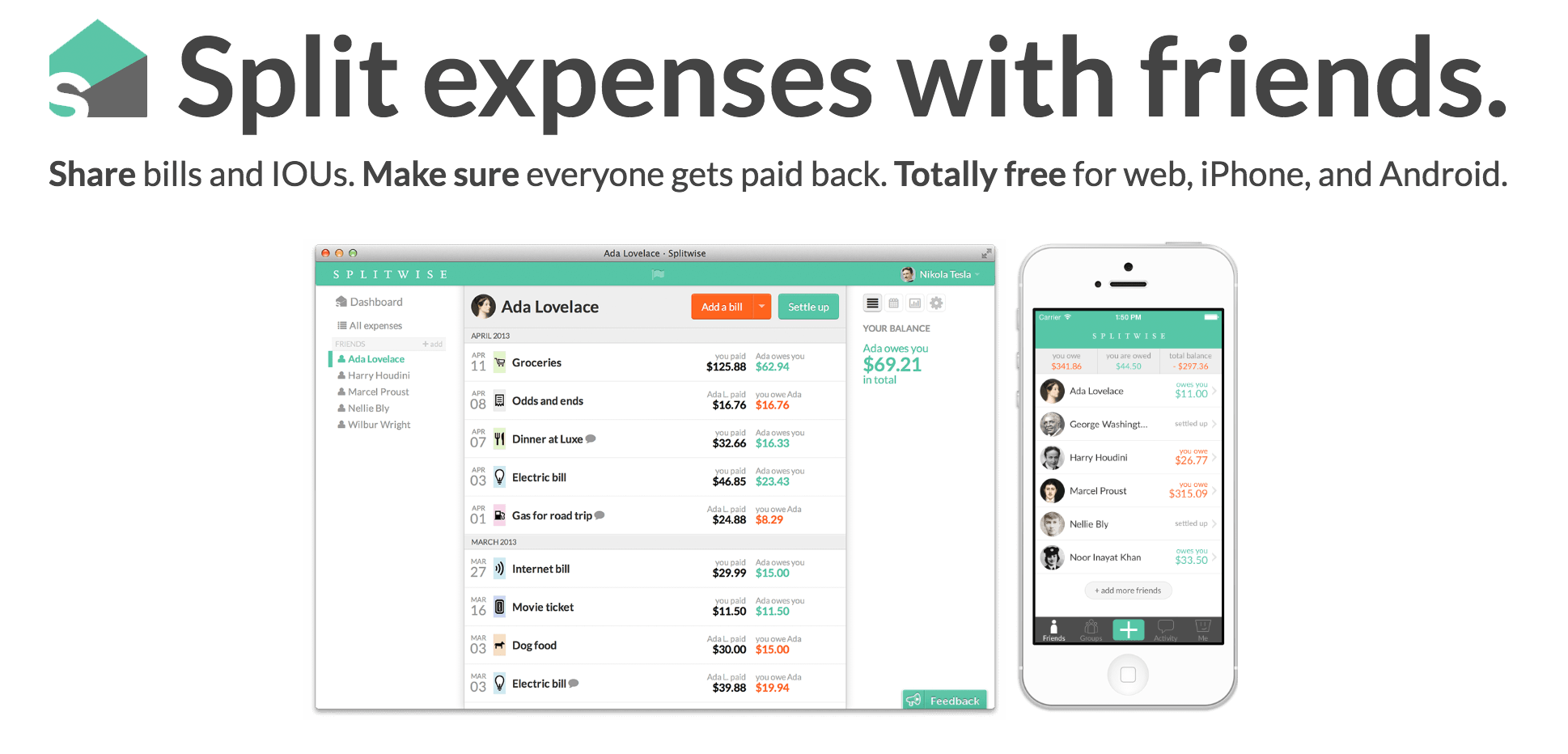 Splitwise travel site for splitting expenses between friends